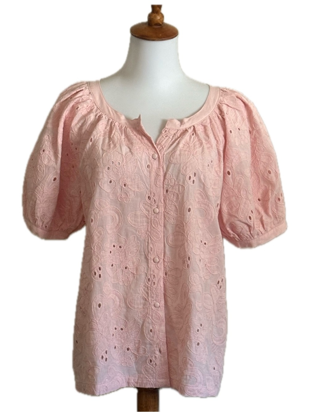 Pink Eyelet V-Neck Puff Sleeve Button Down Blouse by Calypso St. Barth NWT